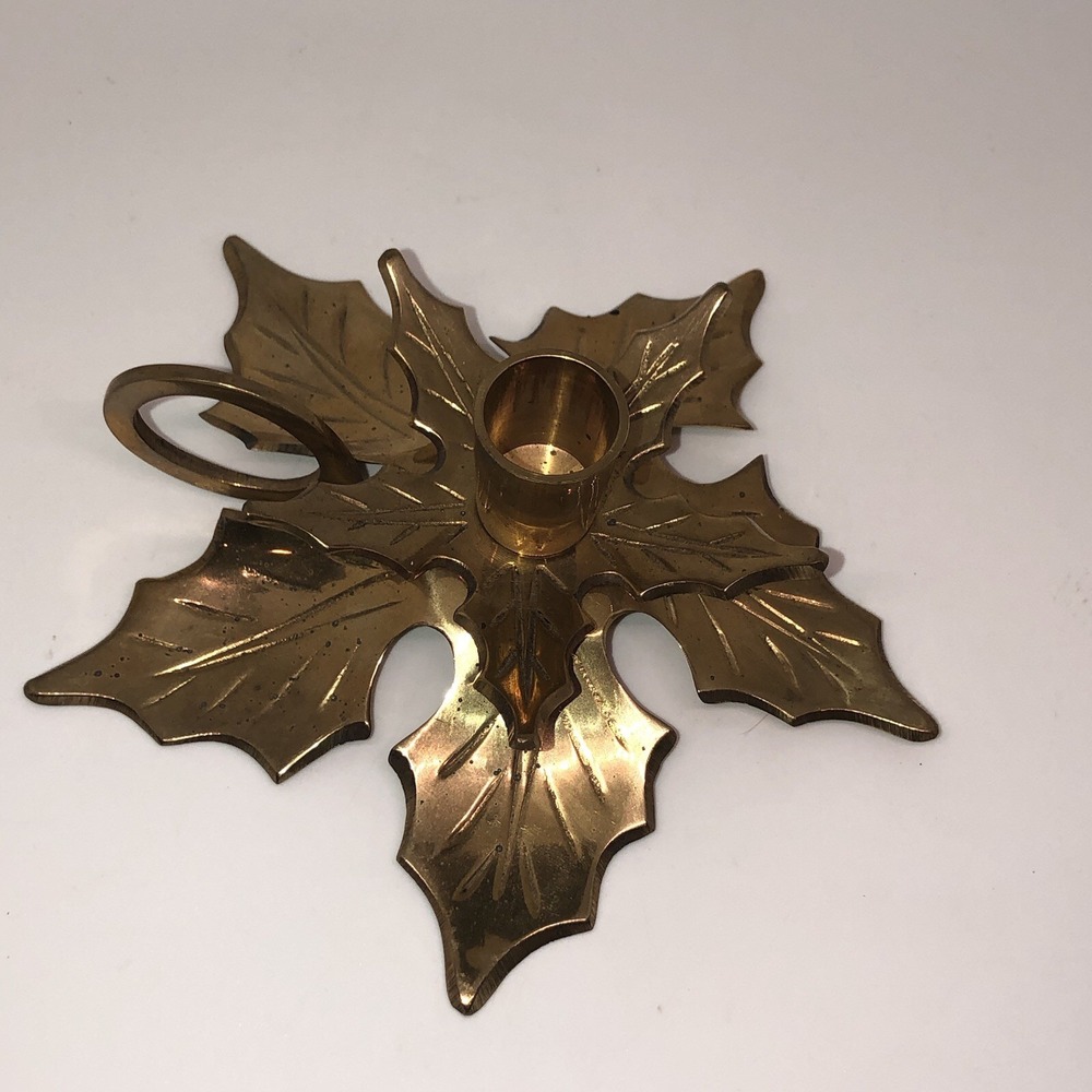 Solid Brass Leaves Holly Leaf Poinsettia Candle Stick Holder 5" India